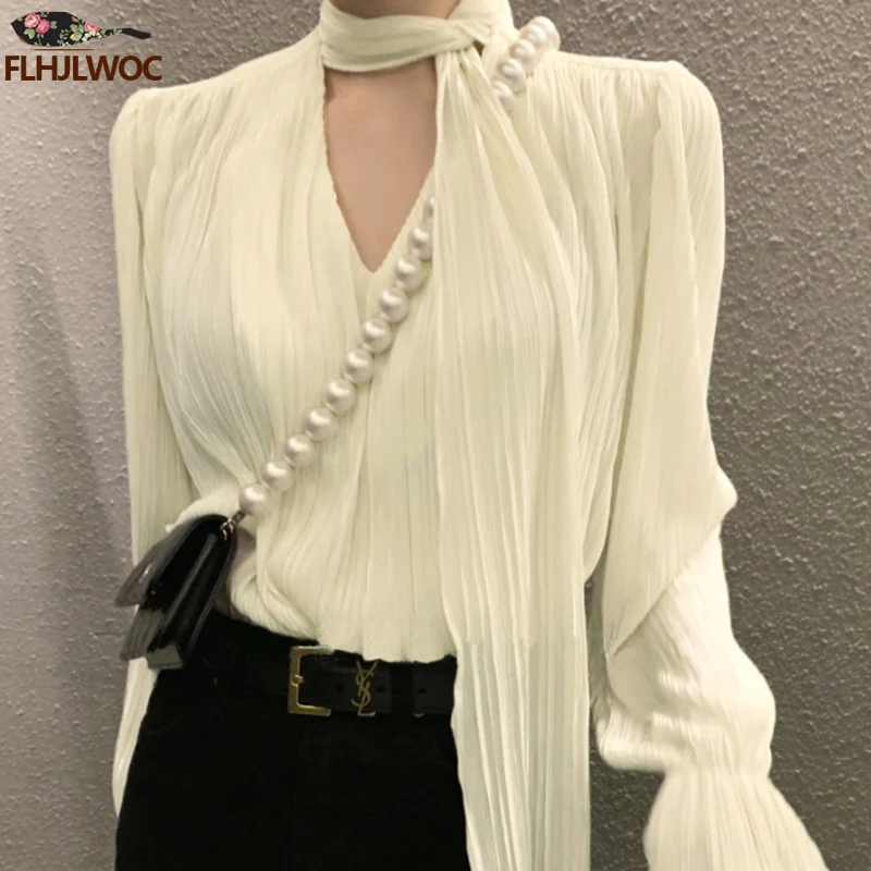 Bow Tie Tops Women Korean Style Design Clothes Flare Sleeve Elegant Office Lady Cute Ribbon Sweet Basic Shirts Blouses