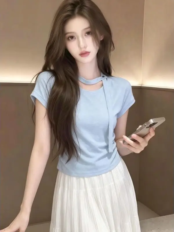 Slim Fit round Neck Short Sleeve T-Shirt Women's Summer Cotton Blend Casual Top Vintage American Style Blue with Sash Design