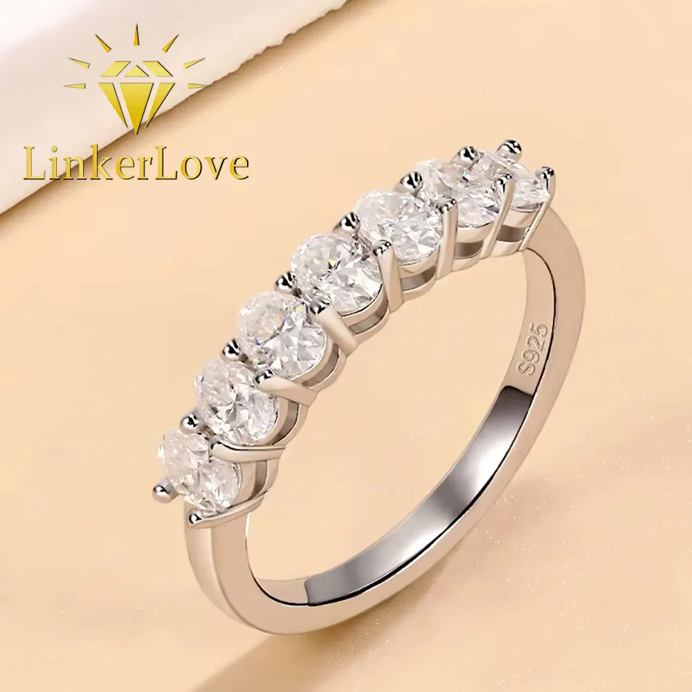 LinkerLove 7 Stones Oval Cut Moissanite Half Eternity Ring for Women S925 Sterling Silver Wedding Ring Anniversary Jewelry Gift