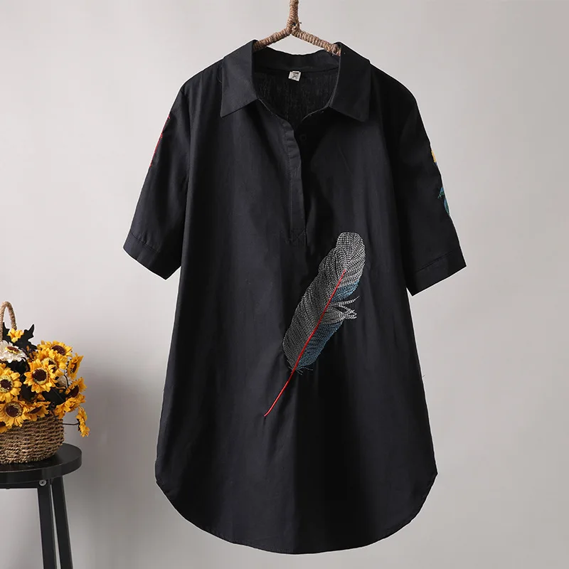 2025 Summer New Size Feather Embroidered Short Sleeve Shirt Retro Art Long Top Hooded Tops For Women
