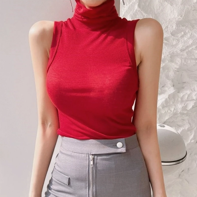 Komfortable Elastizität Solide Leibchen Koreanischen Stil Rollkragen Ärmel Slim Fit Tank Top frauen Frühling Sommer Neue Y2K Kleidung