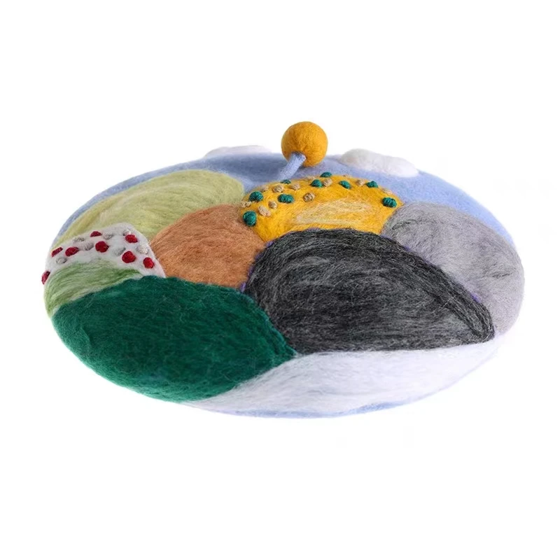 Handmade wool felt beret blue sky and white clouds winter lady\'s cute green leafy fruit cute female painter hat beret  gorras