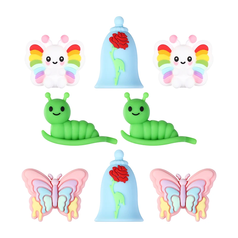 5pcs butterfly carpenterworm rose 3D silicone focal bead DIY pen keychain badge reel handmade crafts material