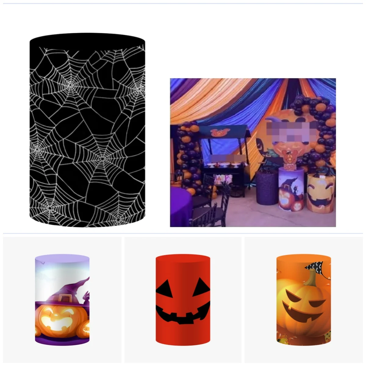 Halloween Party Cylinder Cover Backdrop Black Horrible Spider Web Plinth Pedestal Covers For  Halloween Parties Photo Background
