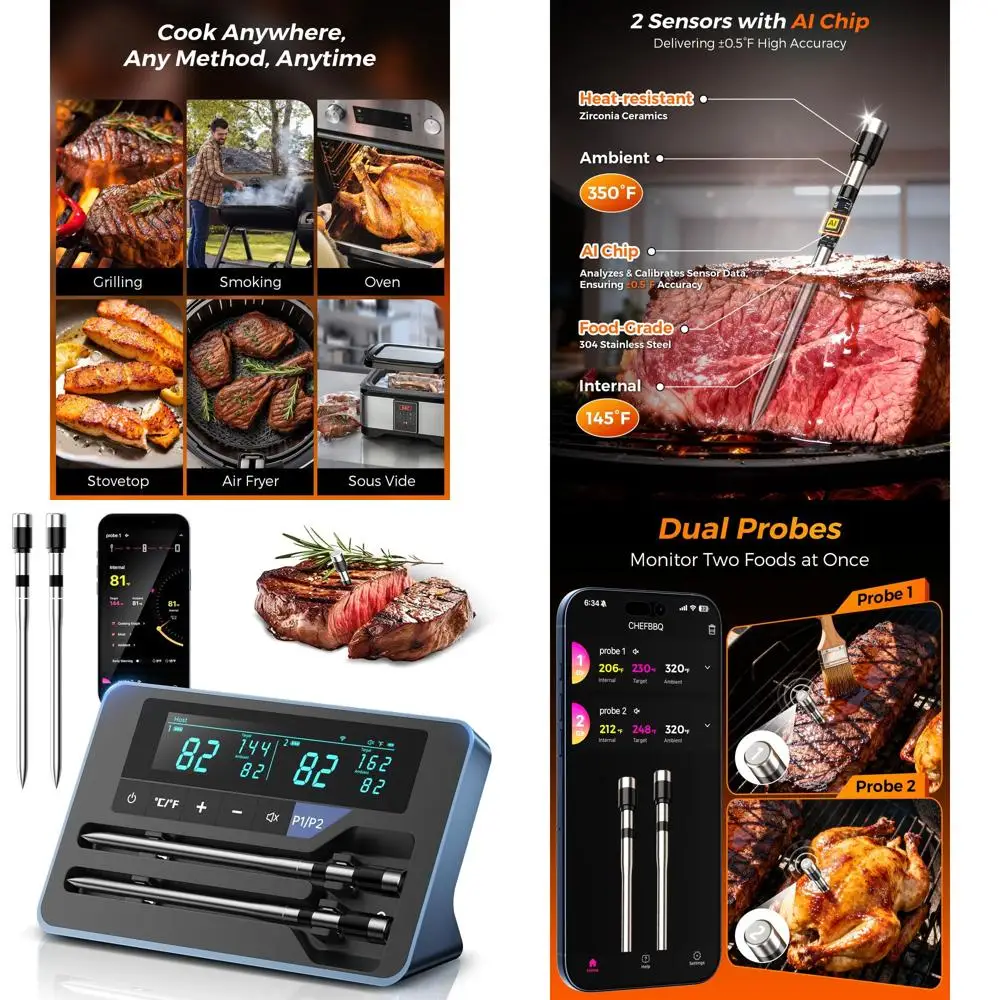 

2025 Smart Wireless Meat Thermometer, Bluetooth Enabled, ±0.5°F Precision, Dual Probes for Cooking & Grilling