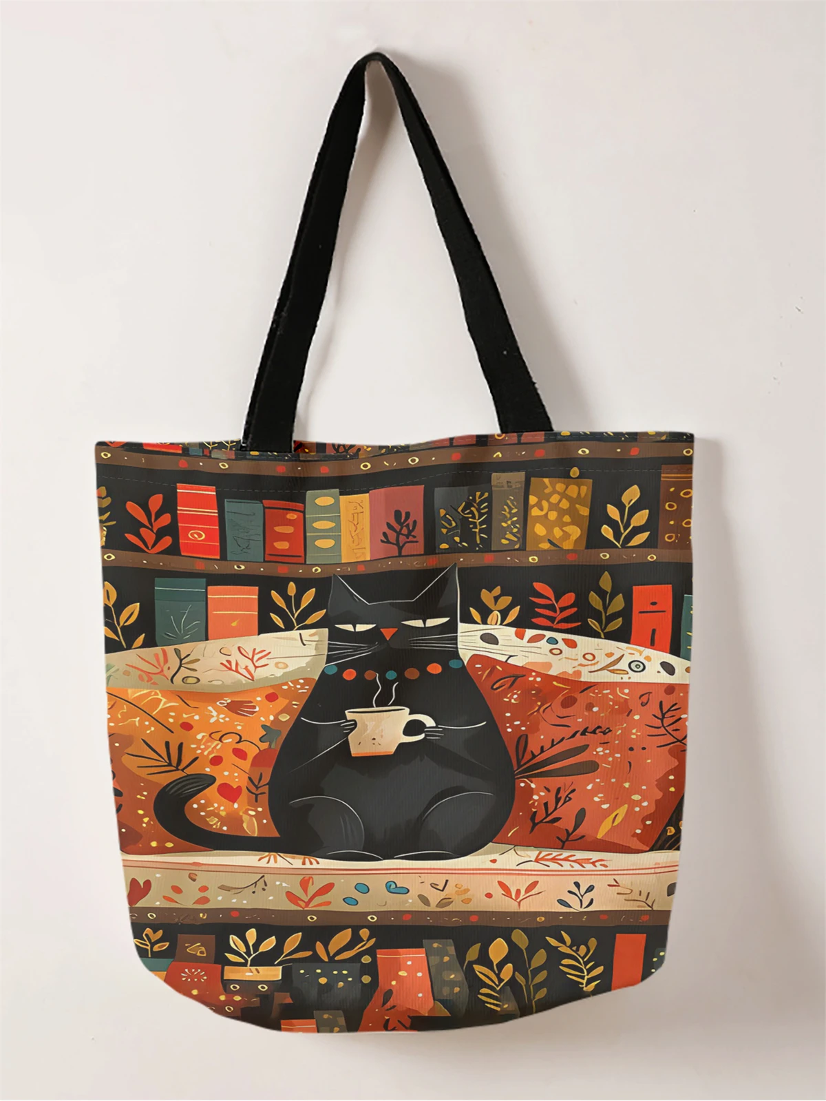 1pc,Coffee Cat Handbag,Reusable Fashionable Handbag,Multifunctional Handbag,Printed Canvas Shopping Bag