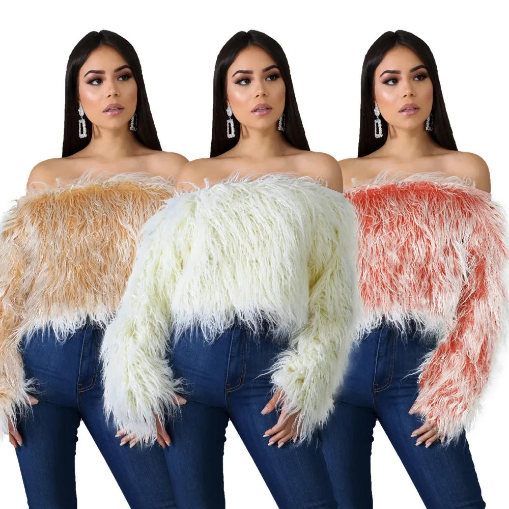 Women's Length Resistant Fur Grass Shoulder Gradually Changing Color Short Sexy Top