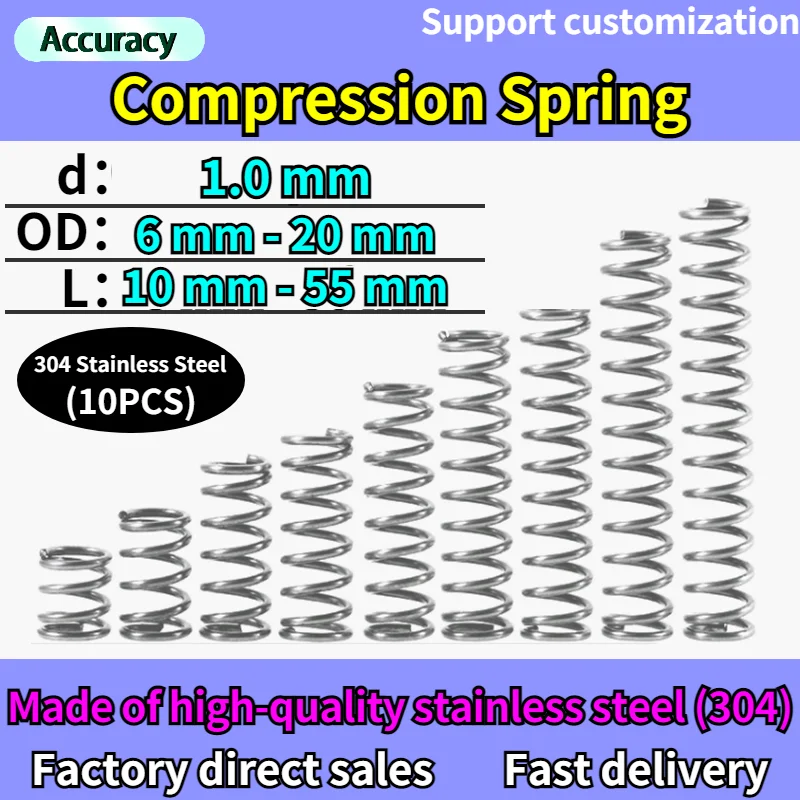 10 Pcs  Wire Diameter 1.0 mm 304 Stainless Steel Compression Spring Shock Absorbing Return Spring Damping Pressure Spring Custom