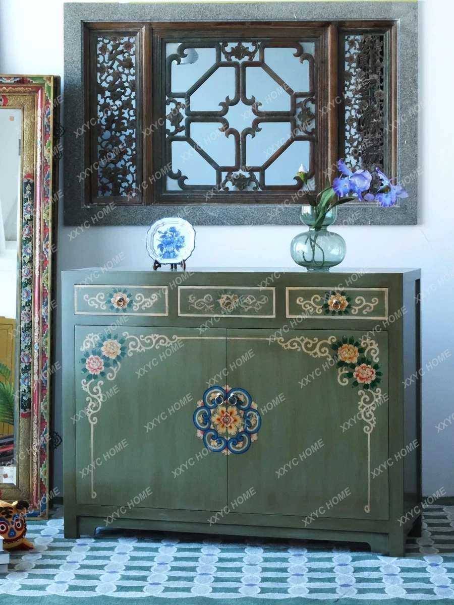 LNew Chinese painted retro double door three pumping shoe cabinet entrance decorative cabinet