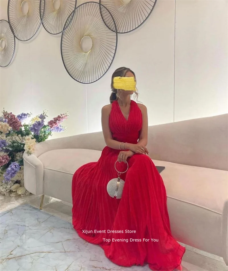 Romantic Red Modest Evening Dress Chiffon Prom Dress Saudi Arabic Sleeveless V-Neck For Women Prom Gowns Sexy 2022 A-Line Party