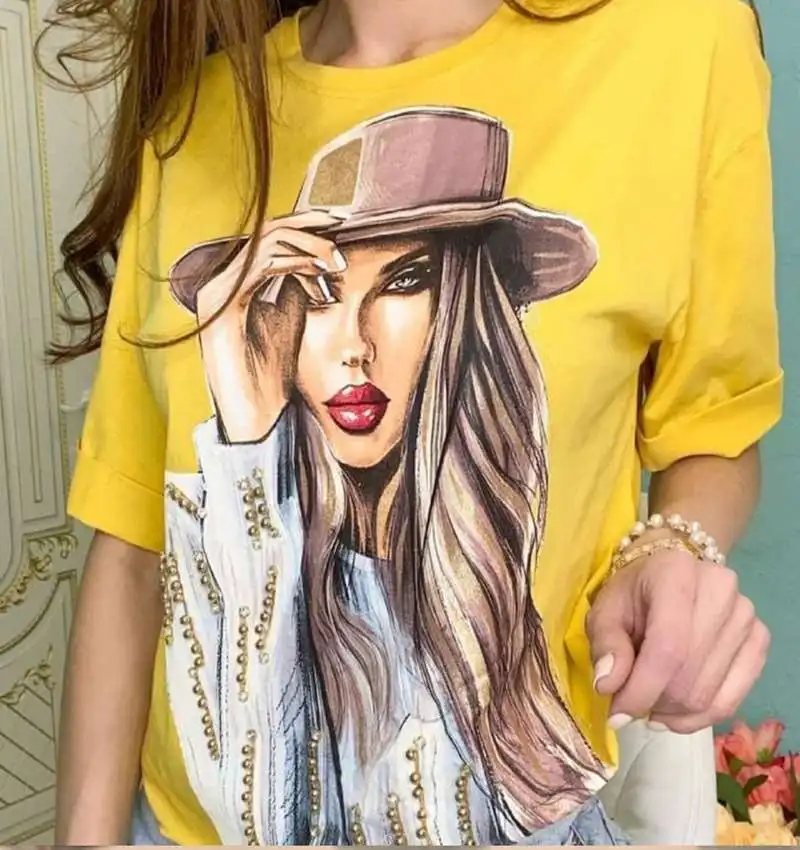 

Summer Women's round Ne ort Sve Casual T-irt Polyester Fiber 00% Printed Design Basic Fit for Ladies