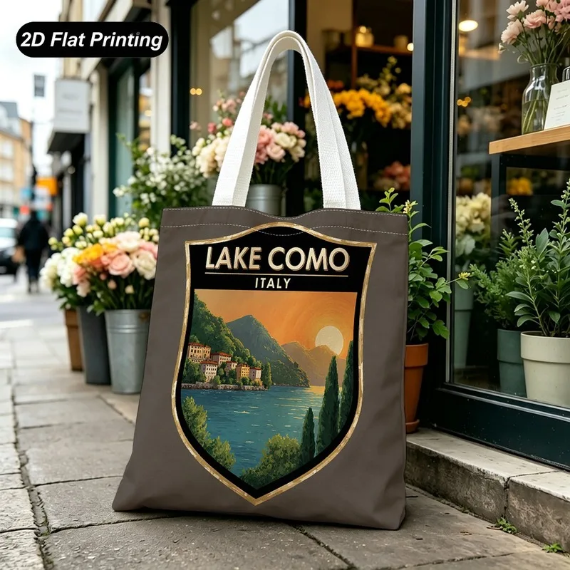 1PC【Tote Bag】2D Flat effect，Vintage Lake Como, Italy, Shield-Shaped Print Tote Bag，Large Capacity，Adapted shopping、Daily Com