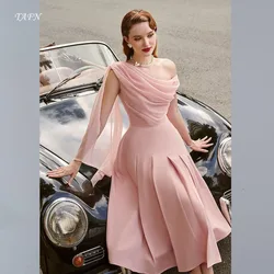 TAFN robe chic élégante Romantic Pink Prom Dresses One-Shoulder A-line Draped Evening Dresses Tea-Length Satin выпускное платье