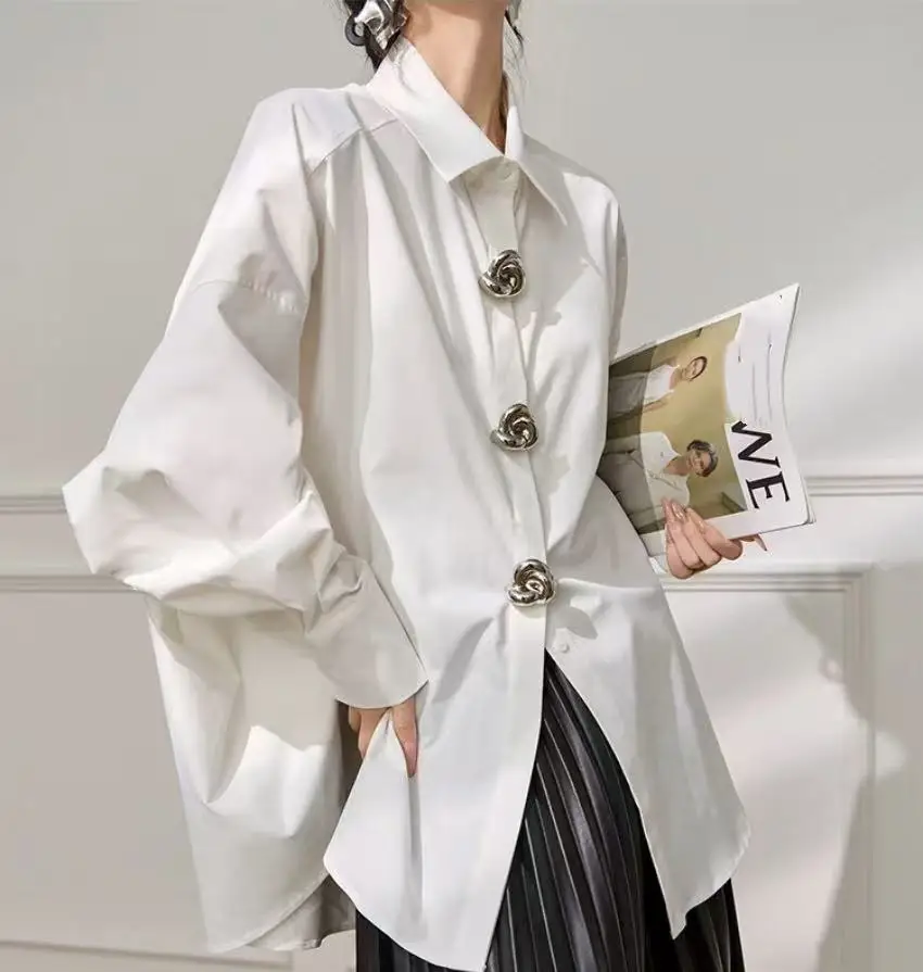 

Роскошный дизайн, свободные повседневные хлопковые белые рубашки средней длины, блузки, женские осенние топы 2025, популярная корейская женская одежда