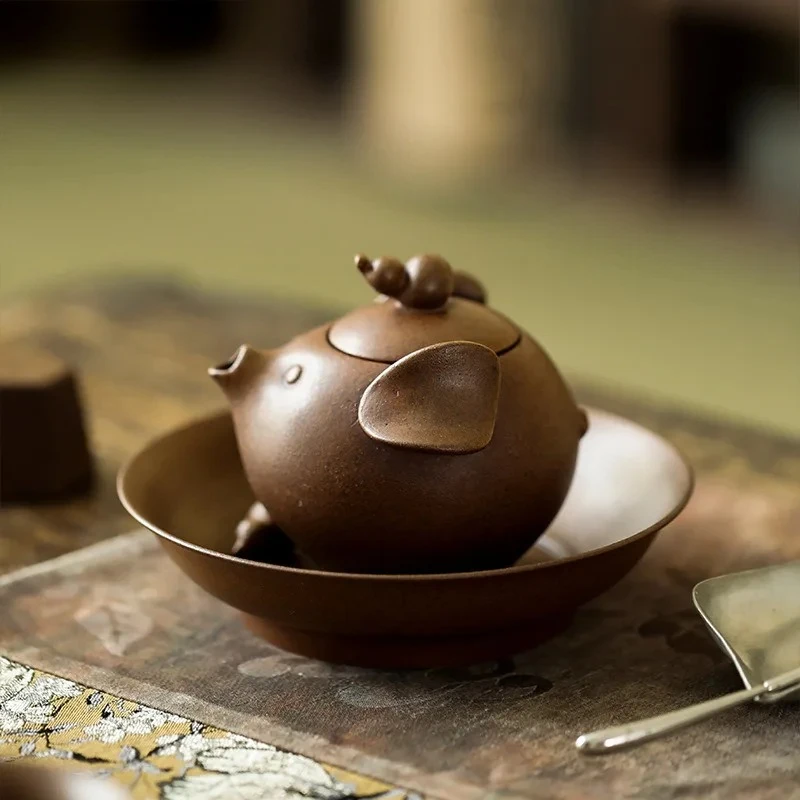 Handmade Little Golden Pig Treasure Bottle Coarse Pottery Teapot Aesthetic Tea Infuser Pot Tea Soaking Kettle With Filter Teaset