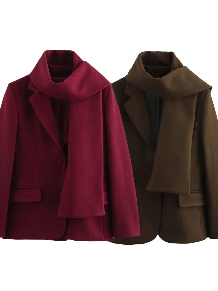 Vestes en laine bordeaux avec écharpe pour femmes, poches à rabat, simple boutonnage, revers élégant, manteau At Lady Commute Streetwwear, mode 2024, nouveau