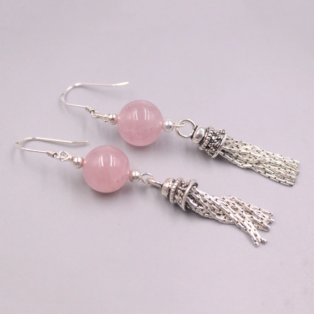 

Real Solid 925 Sterling Silver Women Lucky Pink Crystal Bead Tassel Dangle Earrings