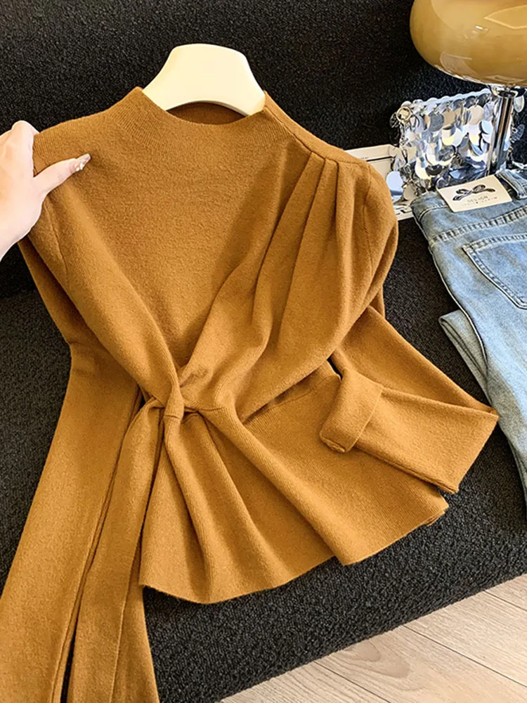 Chic Belted Knitwear Women's Base Layer irt Autumn Winter New Sle Pleated Lightweight Mature Sle Long Sve round Ne...