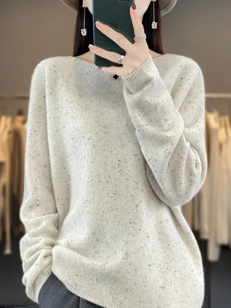 

2024 Fashion Autumn Winter Women Pure Merino Wool Sweater Dot O-Neck Pullover Knitwear Casual Loose Cashmere Clothing Tops