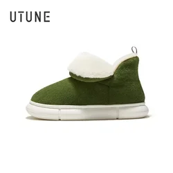 UTUNE Winter Plush Boots for Women Men, Warm Fleece Indoor Slippers, Thick Sole Slip-on House Shoes, Cozy Home Ankle Shoes