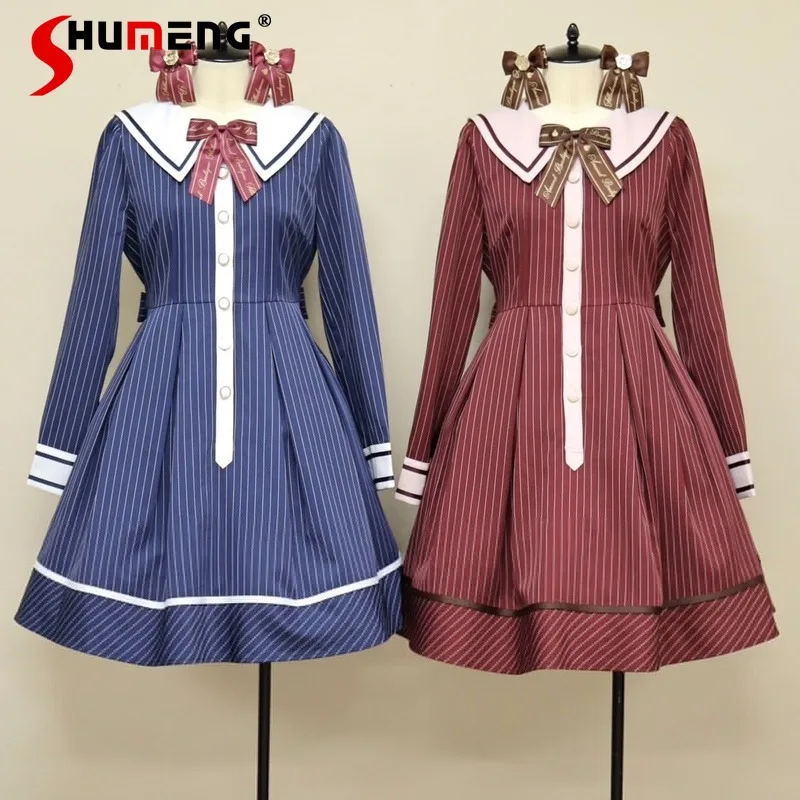 2024 Fall New Japanese Rojita Sweet Naval Academy Style Vertical Stripe Bow Dresses Single-breasted Slim Fit Vestidos De Mujer