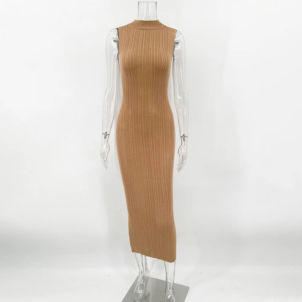 Talenza Abito lungo sottile senza maniche lavorato a maglia Abito da sera elegante alla moda da donna Collo alto Abito lungo lavorato a maglia sexy tinta unita