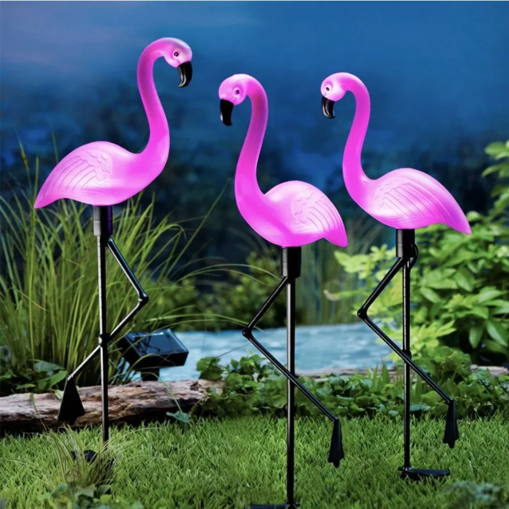 3Pcs Solar Powered Flamingo Ground Stake Lights, Waterproof Outdoor Garden Pathway Decorative Night Lights for Yard Patio Lawn