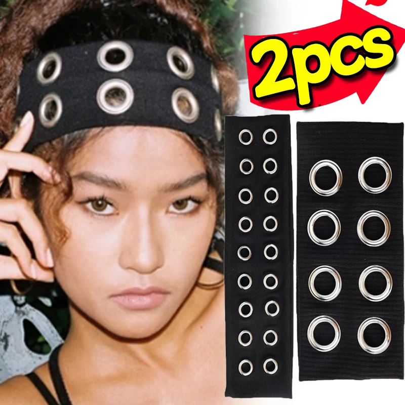 

Punk Hollow Out Elastic Headband Metal Rock Steampunk Hollowed Out Eyelets Wide Headband Grunge Stretchy Casual Hair Accessories