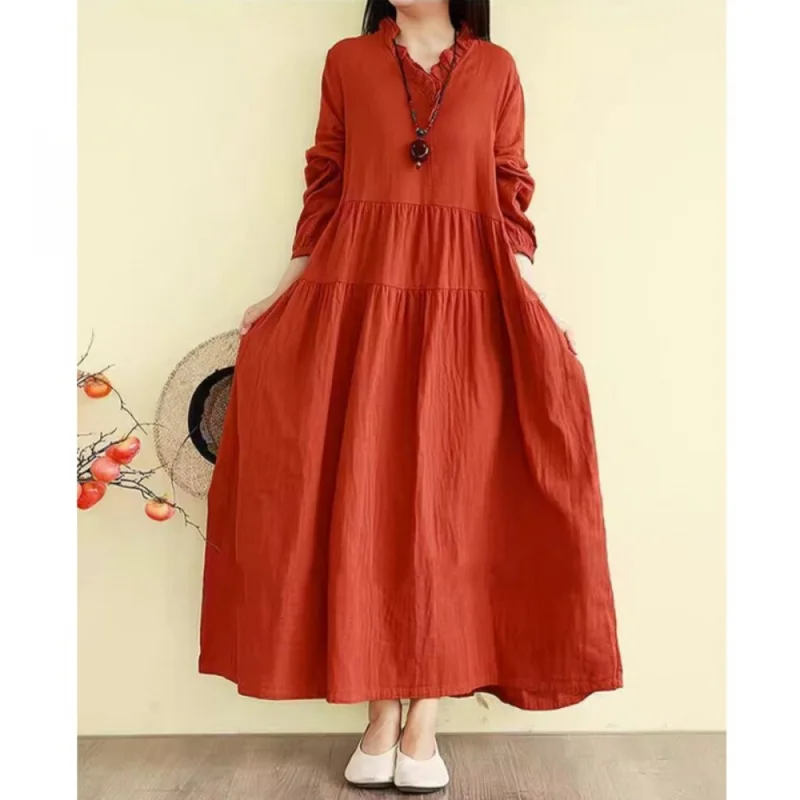 QICHE Women Mori‑Style Ruffled‑Cotton Maxi Dress Retro‑Vibe For Outdoor Picnic Street‑Hangout Fall Youth Casual Occasions