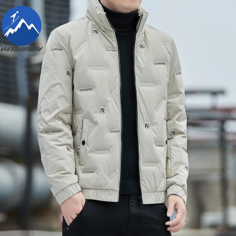 Maxbarley Luxury Men Down Jacket Letter Design Outdoor Travel Cold Resistant Parka Classic Stand Collar Urban Warm Puffer Jacket