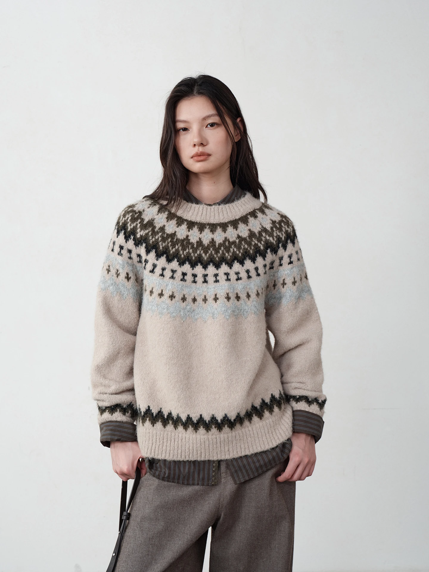 

Autumn Winter Wool Blend Fair Isle round Ne Pullover Sweater Comfortable Fit Knitted Long Sve Striped Design for Women