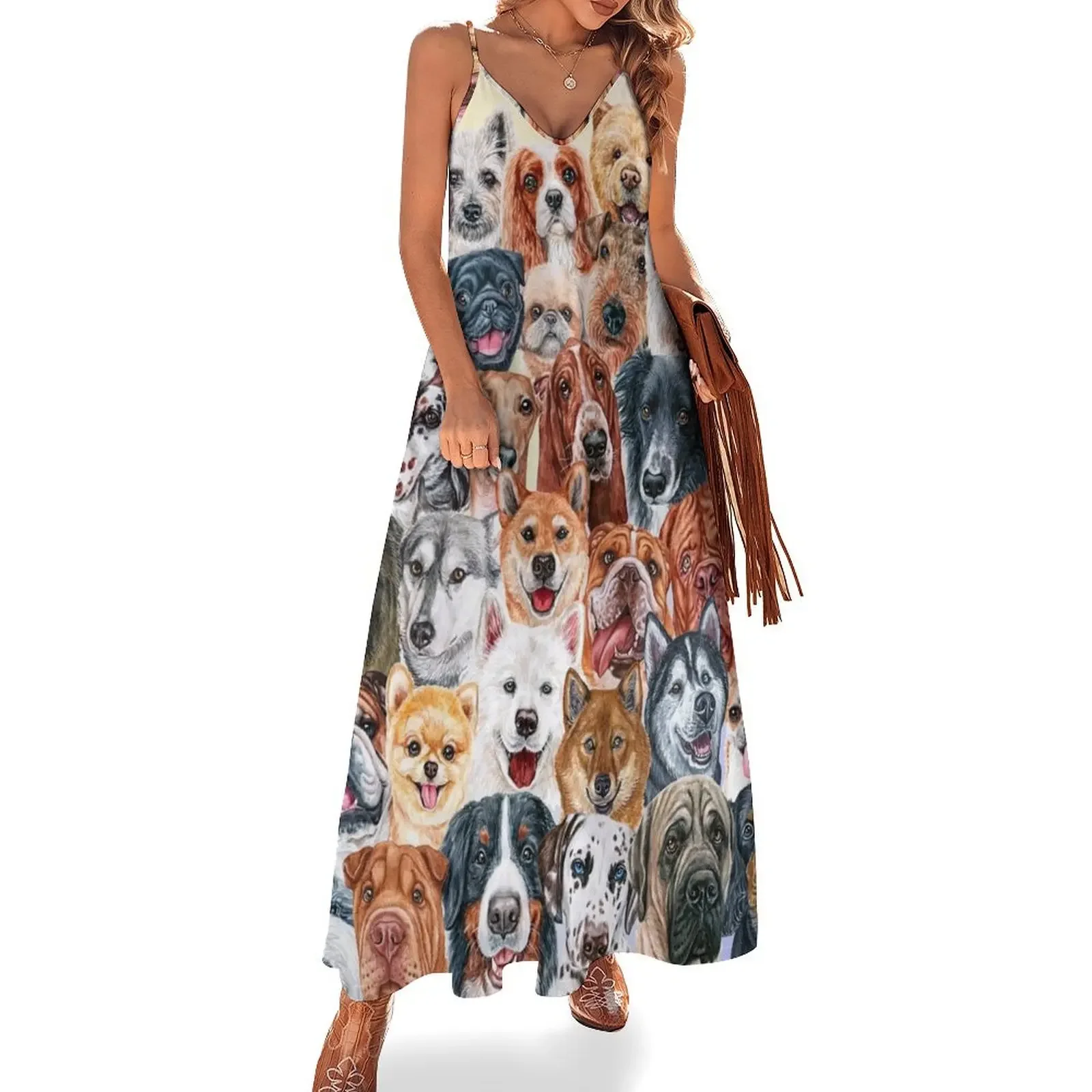 

Beautiful Collage of Dogs, so many painted beautiful faces, dogs are the best! Sleeveless Dress Elegant gown Woman clothing