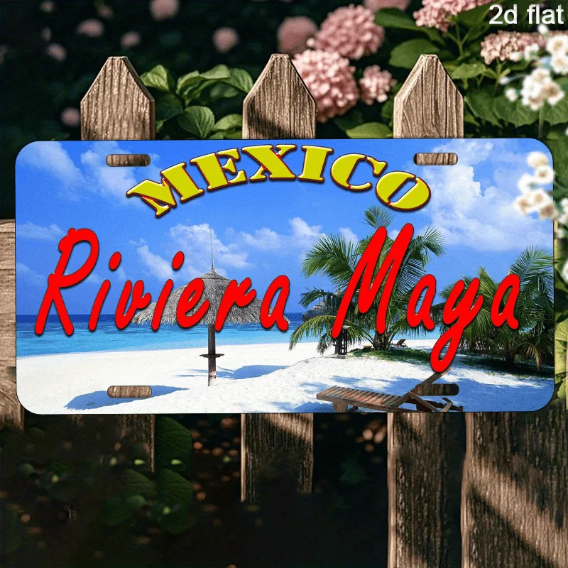 لافتة معدنية مسطحة ثنائية الأبعاد، عتيقة للمكسيك ريفييرا مايا - ملصق شاطئ ساحلي كبير مقاس 6 × 12 بوصة - مياه فيروزية وكنكون