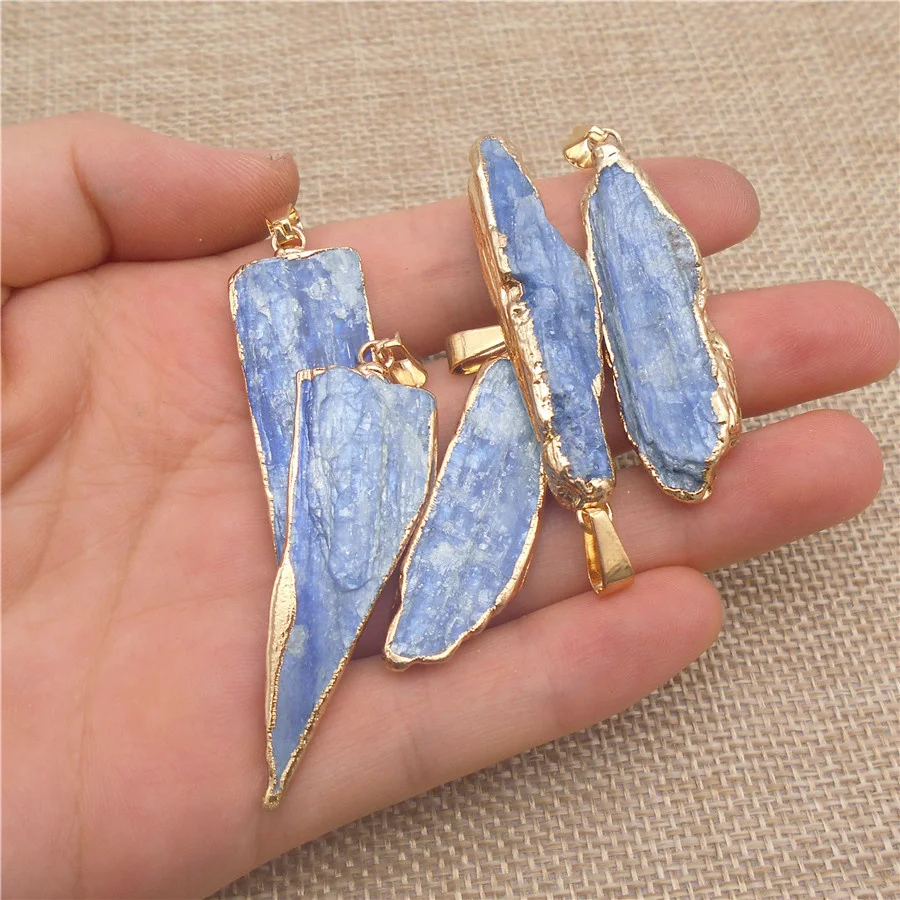 1PCS Natural Kyanite Stone Charms With Gold-colored Edge Random Shape Pendant Bracelet Necklace Jewelry Handmade Accessory