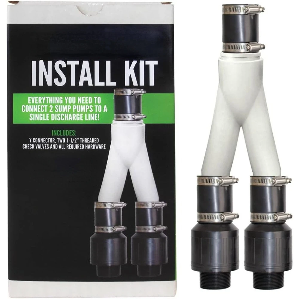 Install Kit - Double Sump Pump Connection, Basement Water Pump Backup Y-Connector - Sump Pump Submersible Backup