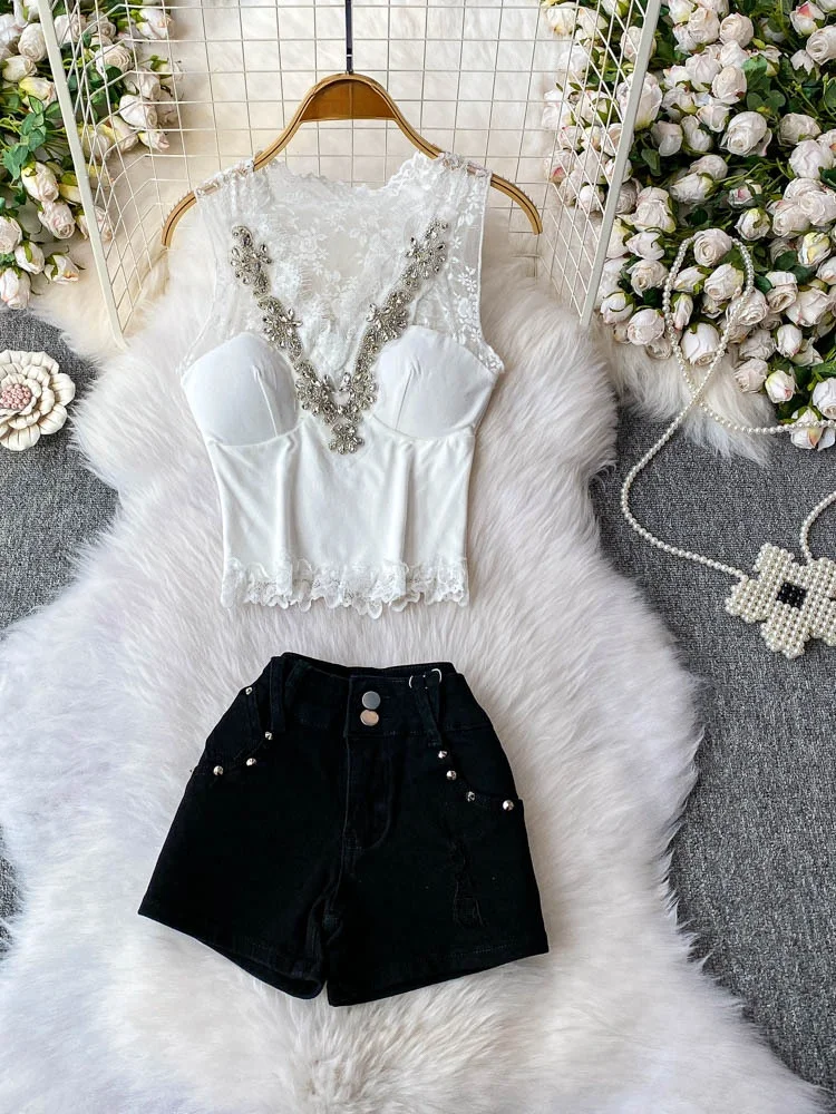 

Sexy Lace Splice Diamond V-ne Vest with Chest Pad Top High Waist Denim orts Two-piece Set Summer Faion Women's Clothing