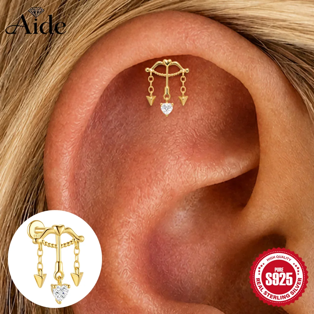 AIDE 925 Sterling Silver Cupid's Arrow Heart Zircon Chain Tassel Women's Cartilage Helix Piercing Earrings Romantic Jewelry Gift