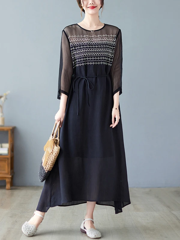 Couleur artistique Blo brodé Me panneaux Long Dr grande taille t-shirt femme quart Sve rond Ne une jupe trapèze