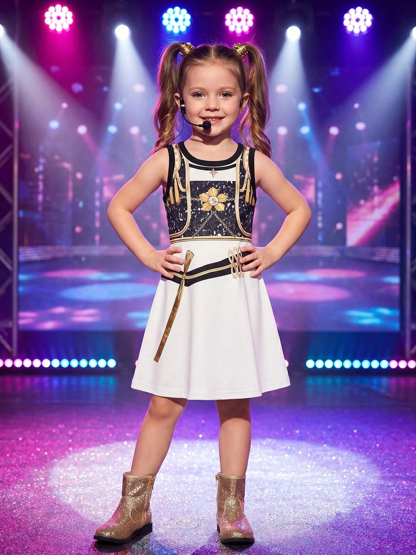 Girl's sleeveless dress with anime style black and white main color scheme paired with gold decorative print stage costume