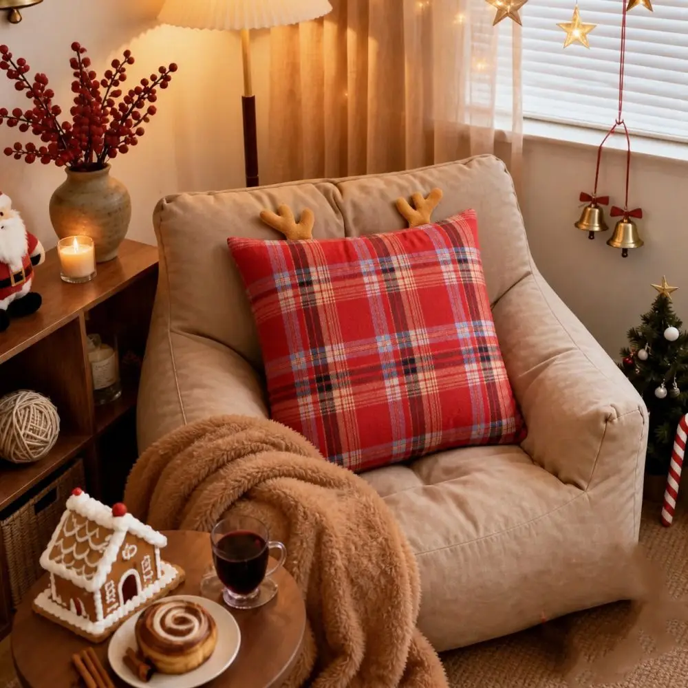 Plaid Christmas Pillow Cover Festive Antlers Cushion Pillowslip Without Filling Exquisite Throw Pillow Cover Holiday