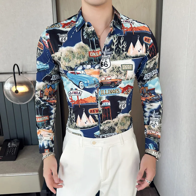 Long-sleeved Paisley Tiger Printed Shirts for Men Luxury Royal Style Slim Fit Male Shirt Club Social Shirts & Blouses Streetwear