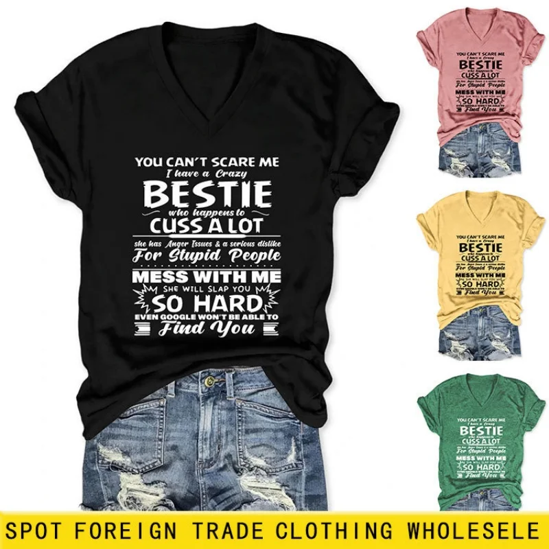 

Женская футболка с короткими рукавами, повседневная летняя одежда с буквенным принтом, свободный и модный крой в корейском стиле, V-образный вырез, универсальный топ.