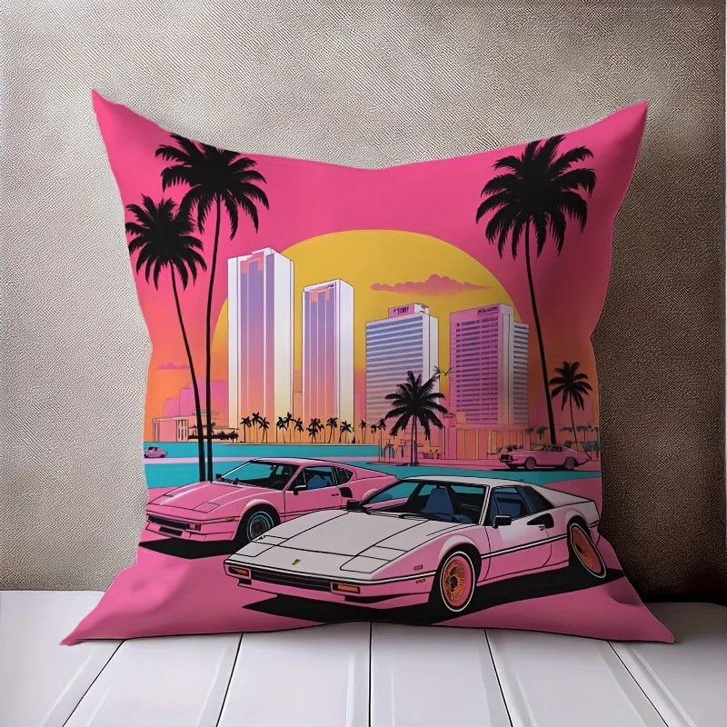 Retro Miami Pillow Cover 45x45cm – Neon Sunset, Palm Trees & Classic Cars Print, Cotton-Poly, Hidden Zipper, Machine Washable