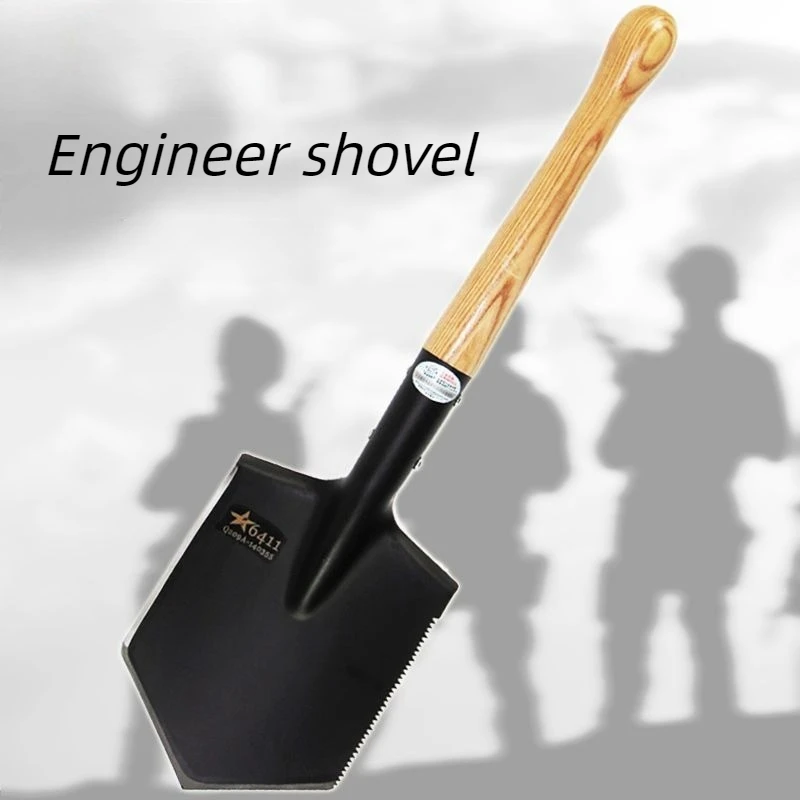 Carbon Steel Engineer Shovel Wooden Handle Shovel Multifunctional Camping Flathead Spade Portable Outdoor Self-defense Tools
