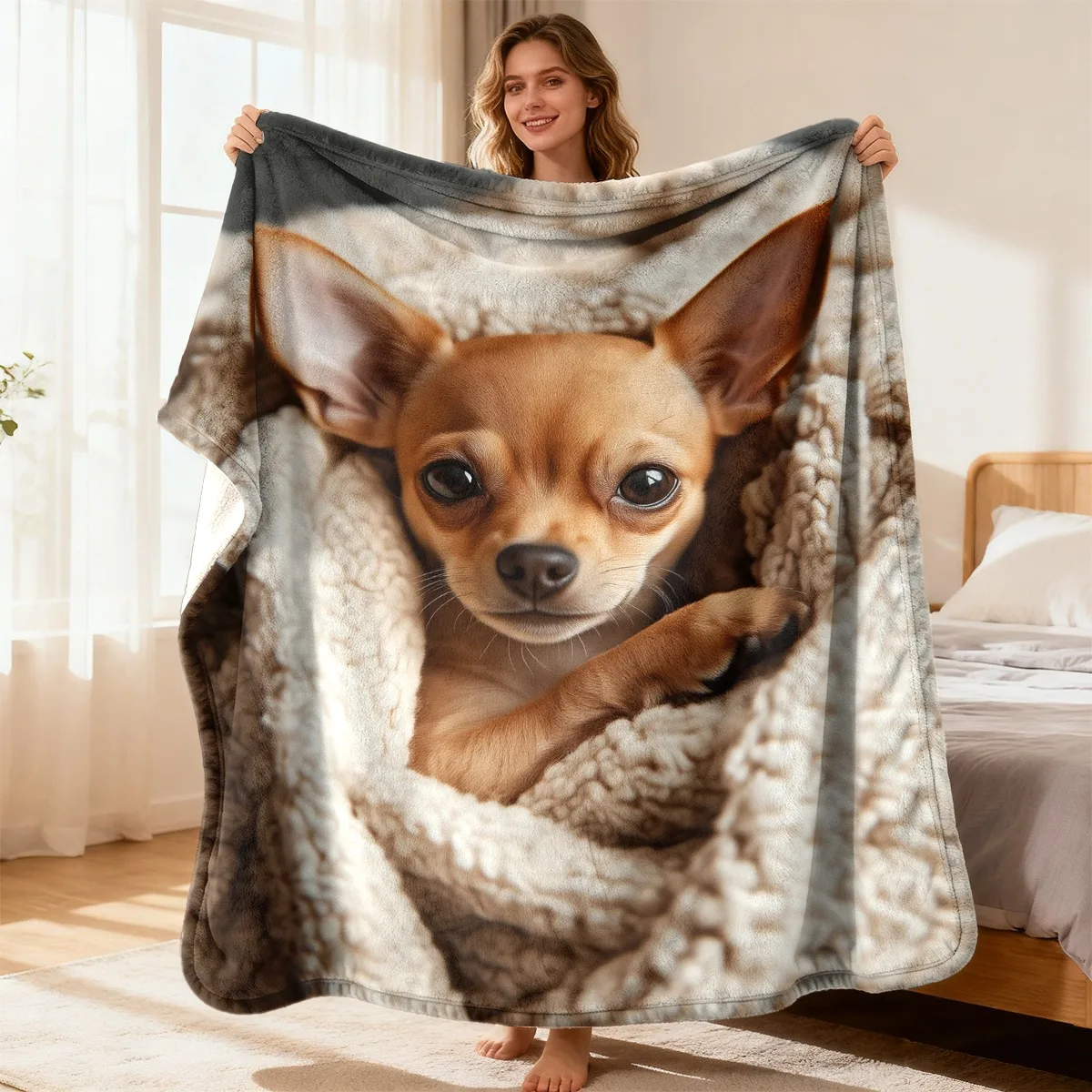Chihuahua Wrapped In Blanket Realistic Fleece Blanket For Cozy Bedroom Decor Soft Warm Throw Blanket Gift
