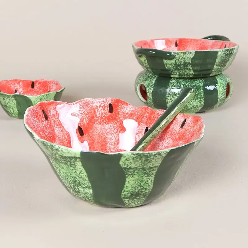 1PC Hand Painted Watermelon Bowl Ceramic Irregular Tableware Cute Children's Breakfast Bowl Underglaze Colored Fruit Plate