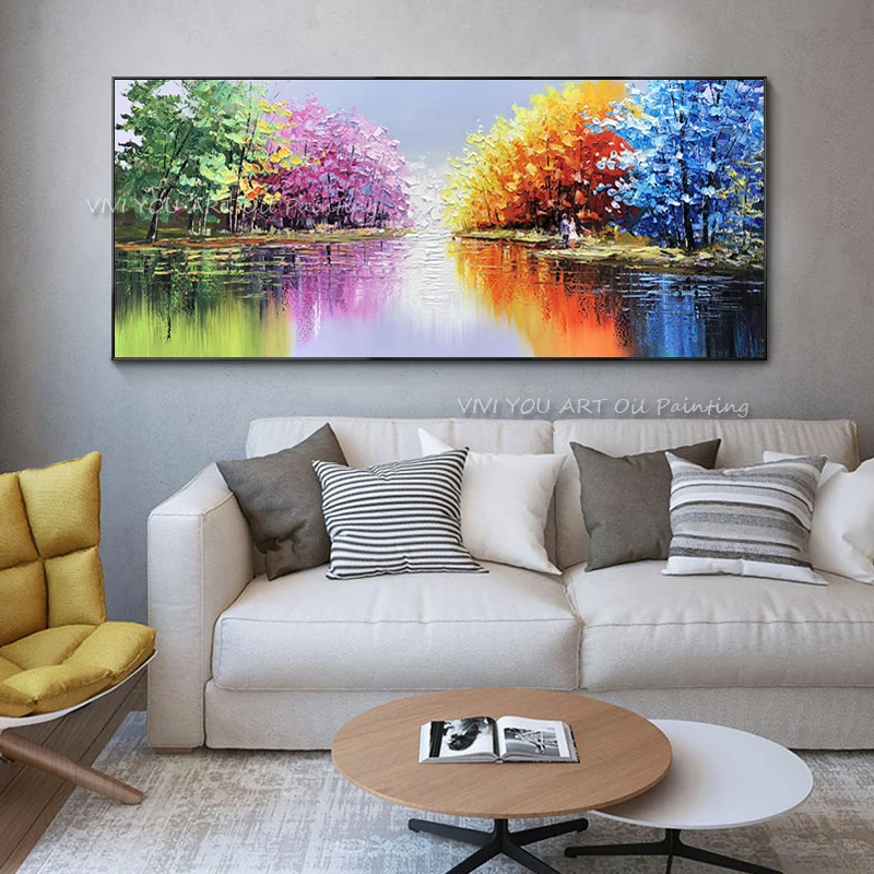 Large Colorful Forest Oil Painting Hand Painted, Lake Reflection Canvas Wall Art, Modern Living Room Decor