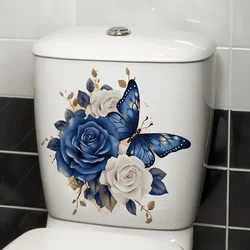Blue Butterflies Flowers Toilet Sticker, Self-adhesive Bathroom Home Decoration,Vinyl Car Decals, Art Wallpaper,