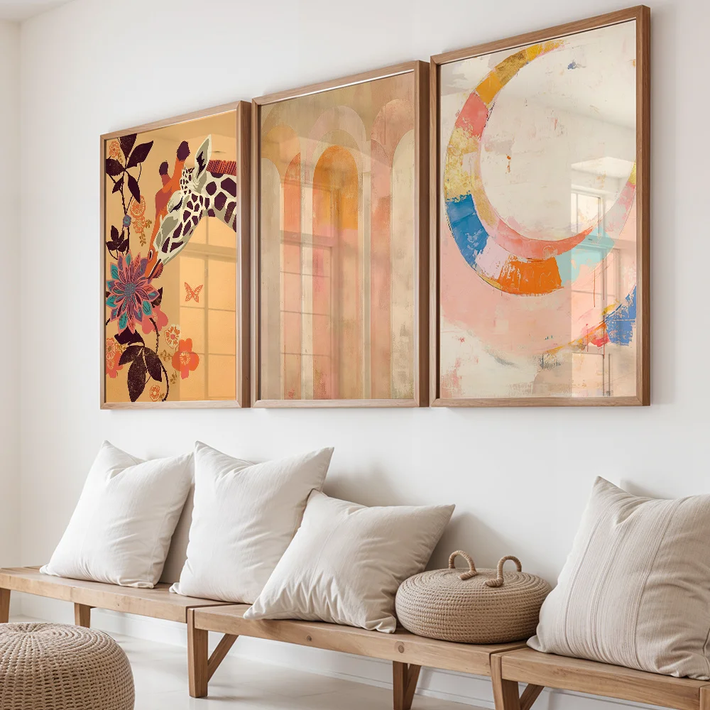 3PCS frameless decorative art print,Boho 3 Panel Mix Canvas Wall Art Giraffe Floral Arch Rainbow Abstract Painting Vintage Warm