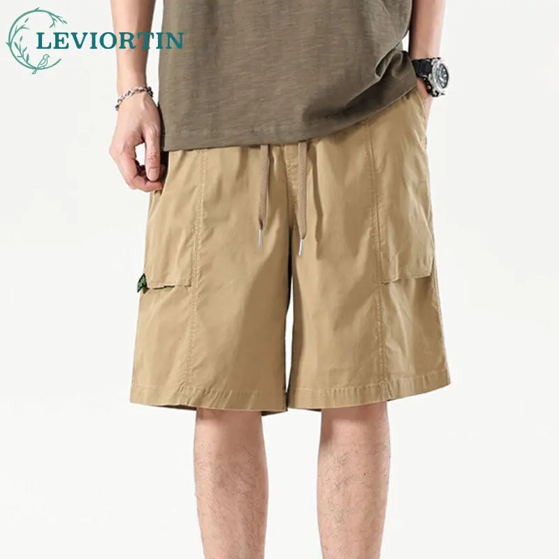 Men's Summer New American Trendy Fashion Versatile Simple Washed Casual Loose Solid Color Elastic Waist Design Work Shorts